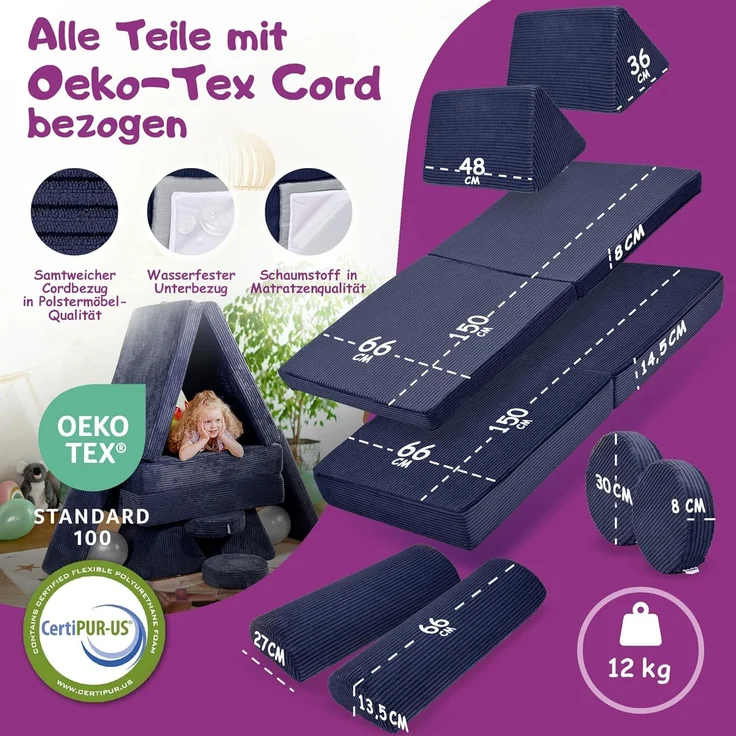 Linodino Kindersofa Spielsofa I Schaumstoff Stapelsteine für Kinder I Kindercouch, 3 Jahre Garantie – Bild 5