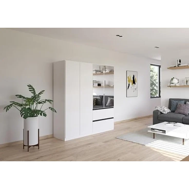 Rauch Möbel Costa, Kleiderschrank für Schlafzimmer, Kinderzimmer, Babyzimmer, Garderobe, Flur, 4-türig, mit Spiegel und 2 Schubladen, Push-to-Open, Zubehör Classic, Farbe Weiß, Breite 181 cm – Bild 2