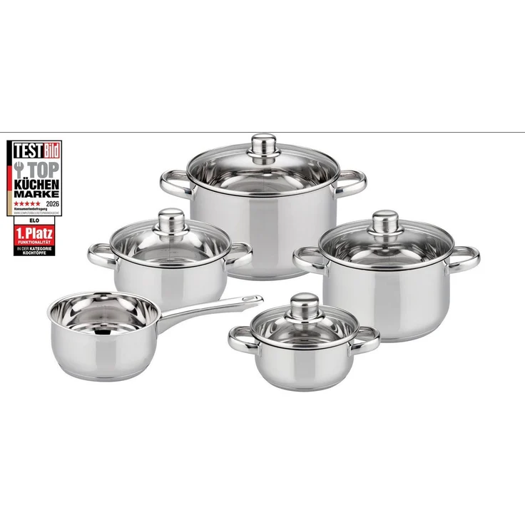 Elo Basic Topf-Set Galactica, Edelstahl 201 (Set, 9-tlg, je 1 x Kochtopf mit Deckel Ø 14/16/20/24 cm, 1 Stielkasserolle Ø 16 cm), Induktion – Bild 5