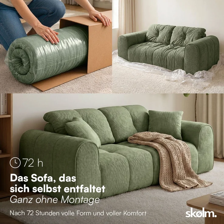 skølm 'Vanaheim' Sofa 2 Sitzer mit 2 Kissen, Cloud Sofa dunkelgrün, Chenille-Stoff, Vollschaumcouch mit Federkern und Vakuum-Kompression, kein Aufbau erforderlich – Bild 3