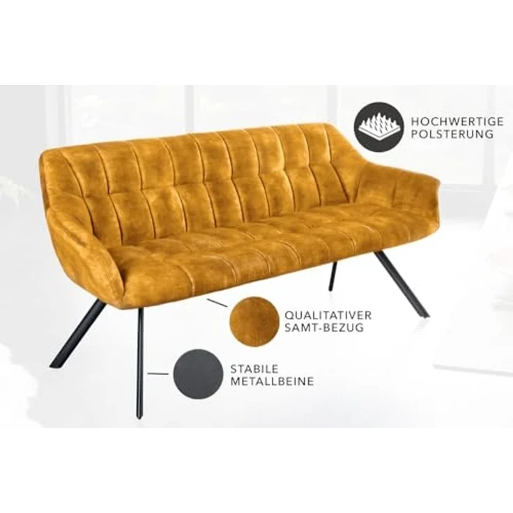 riess-ambiente Sitzbank PAPILLON 165cm senfgelb/schwarz - Samt, Metall-Füße, mit Armlehne (Einzelartikel, 1-St), gepolsterte Bank mit Rückenlehne – ideal für Esstisch, Küche & Flur – Bild 4