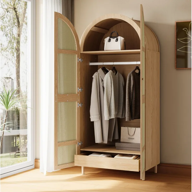 DESVIAE Garderobenschrank mit Rattantüren und Schubladen 80x179x50 cm MDF/Spanplatte Natur