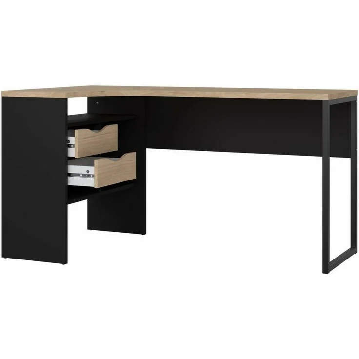 Dmora Schreibtisch Moire, Mehrzweckschreibtisch, Bürotisch für PC, Eckschreibtisch, 145x81 h77 cm, Schwarz und Eiche – Bild 4