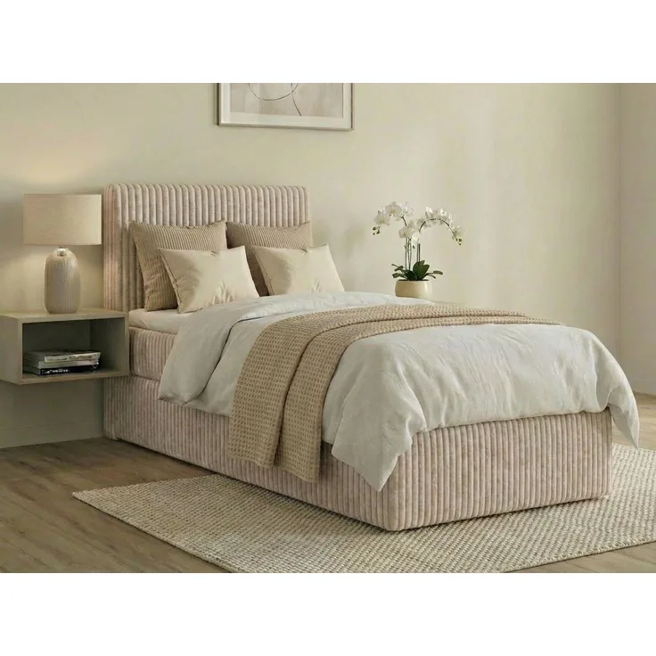 Polsterbett VELUNO 90 x 200 cmmit Matratze und Bettkasten. Farbe: Beige Matratzenhärte: H4 - Hart