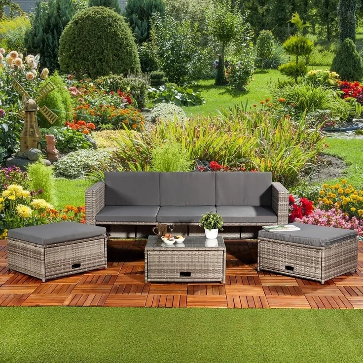 Polyrattan Sitzmöbel Set Sofa Tisch 2 Hocker grau Lounge Gartenset Rattanmöbel – Bild 4
