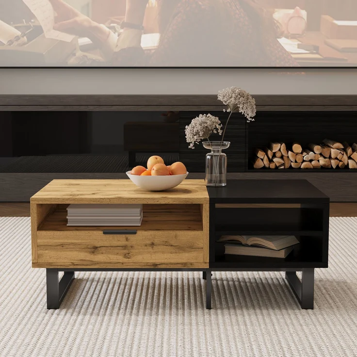 Couchtisch mit Schublade und 3 offenen Fächern, Wohnzimmertisch in Schwarz-Holz-Optik – Bild 5
