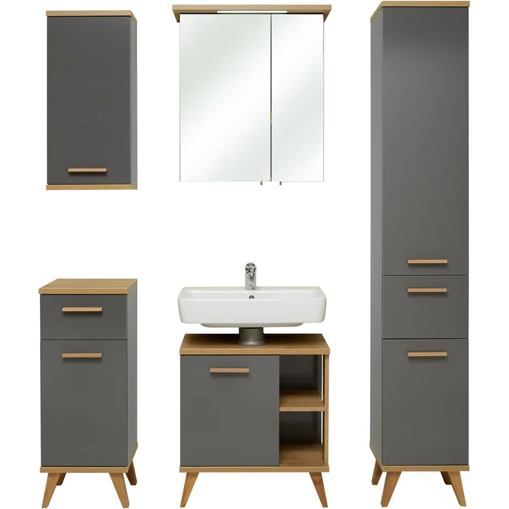 Pelipal Badmöbel-Set, Quickset 924, Quarzgrau Glanz/Riviera Eiche - Waschbeckenunterschrank, Spiegelschrank, Hochschrank, Unterschrank, Hängeschrank – Bild 2