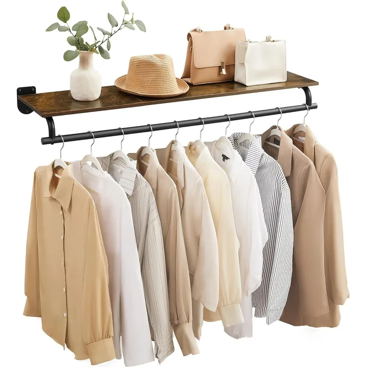 SONGMICS Wandgarderobe, Garderobe, Wandregal mit Kleiderstange, Gesamtbelastbarkeit 60 kg, 28 x 109 x 13,2 cm, für Schlafzimmer, Ankleidezimmer, vintagebraun-tintenschwarz HSRDE135B01