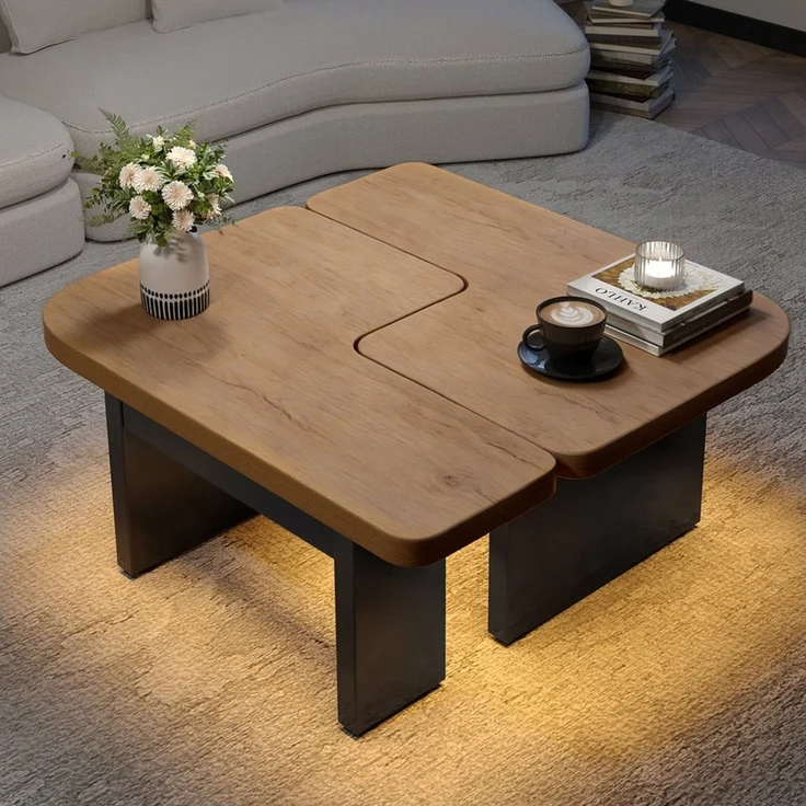 OKWISH Couchtisch Beistelltisch (2-in-1 LED-Sofatisch aus Naturholz mit Schubladen & Höhenverstellung, sicher für Familien) – Bild 2