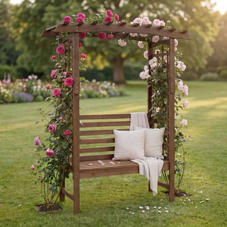 Rosenbogen mit Sitzbank HWC-Q21, Gartenbogen Rankhilfe Bank Gartenbank Holz FSC®-zertifiziert 201x160x60 ~ dunkelbraun
