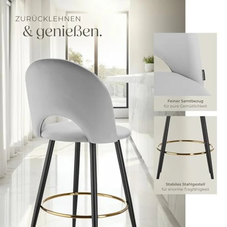 tectake Barstuhl Sachel, Hellgrau, gepolsterter Bistrostuhl mit stabilen Stahlbeinen und Fußstütze, 49x110x58 cm – Bild 6
