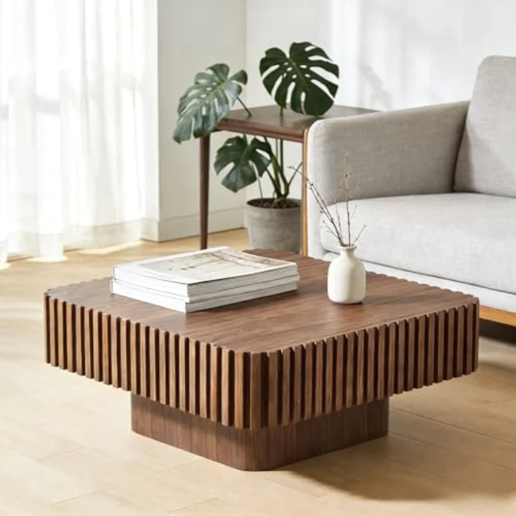 Square Fluted Coffee Table, Modern Ribbed Center Table with Solid Wood Stripe Accent, MDF with Wood Veneer Construction, Contemporary Accent Table for Living Room, Bedroom, and Office (Walnut Color) – Bild 6