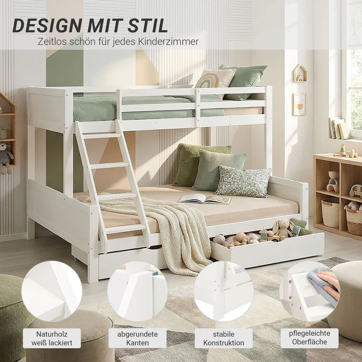 Etagenbett 90x200 und 140x200 Kinder mit 2 Matratzen und 2 Bettkästen Weiß Holz Doppelstockbett Jugendbett Hochbett Stockbett – Bild 6