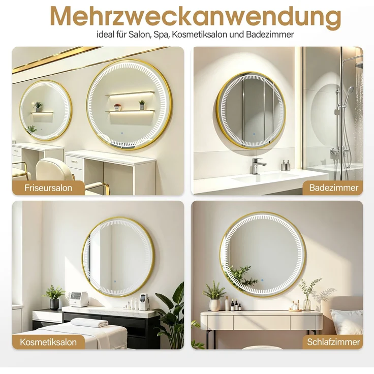 BarberPub Wandspiegel mit Beleuchtung, Badspiegel mit Aluminiumrahmen, Runder Spiegel mit Touch-Schalter, 3 Lichtfarben Dimmbar, Badezimmerspiegel für Friseursalon, Spa, 83x83 cm, J6236 (Gold) – Bild 7