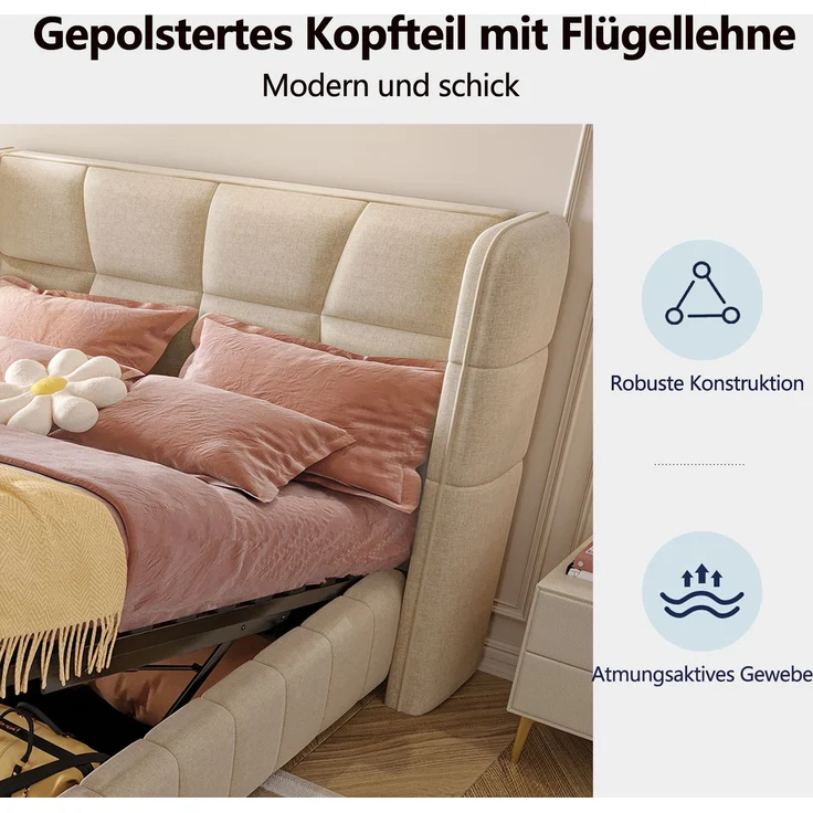 EINHOM Polsterbett 90 x 200 cm, Kinderbett mit Lattenrost, Kopfteil und Pneumatischem Stauraumsystem, Leinenrahmen, Geeignet für Kinder und Jugendliche, Beige, (Ohne Matratze) – Bild 6