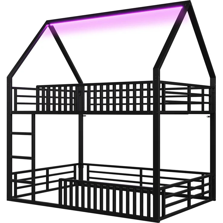 EINHOM 140 x 200 Cmhaus-Etagenbett mit Sturzsicherung Zaun und LED-Licht, mit Leiter, Hausförmiges Design, Doppelbett, Metall, Schwarz (Ohne Matratze) – Bild 6