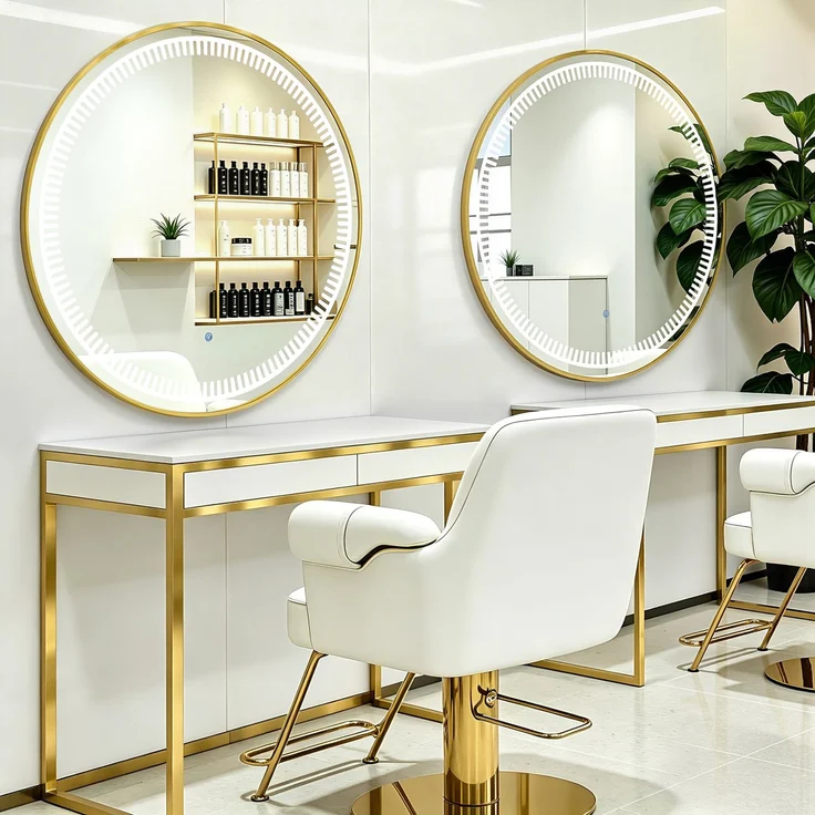BarberPub Wandspiegel mit Beleuchtung, Badspiegel mit Aluminiumrahmen, Runder Spiegel mit Touch-Schalter, 3 Lichtfarben Dimmbar, Badezimmerspiegel für Friseursalon, Spa, 83x83 cm, J6236 (Gold) – Bild 2