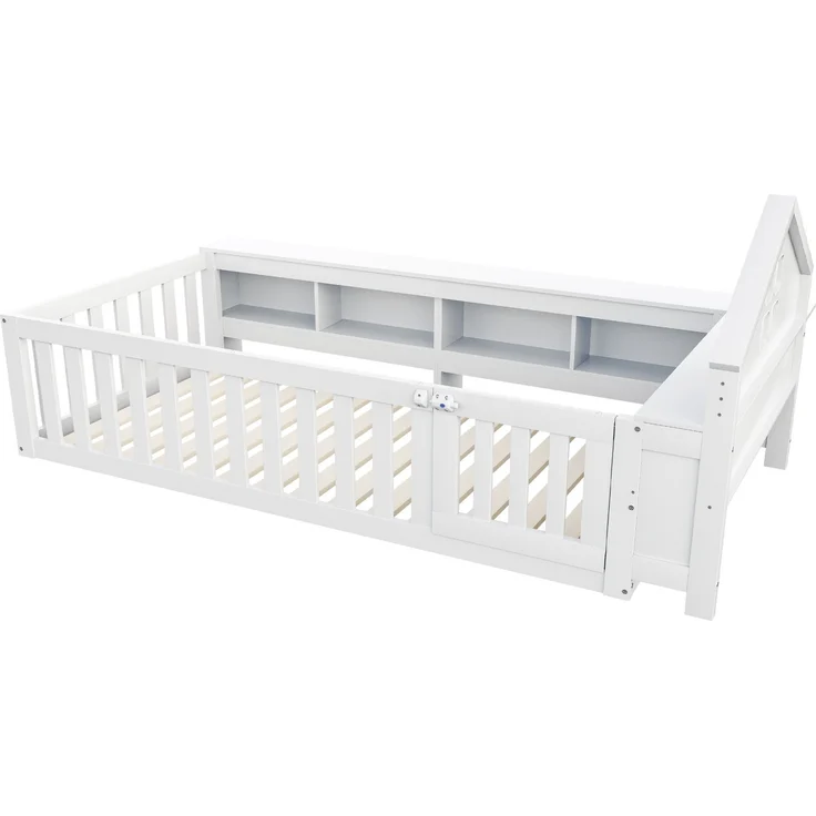 Kinder Hausbett aus Massivholz mit Stauraum, Sicherheitsgeländer & kleiner Tür,mit Dachdesign, Fensteroptik & Regalfächern,Weiß – Bild 10