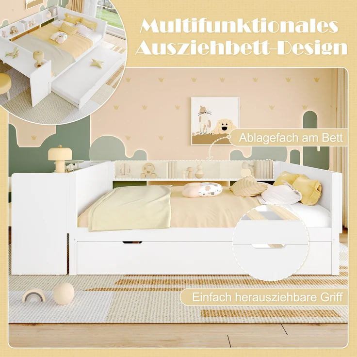 Multifunktionales Holzbett 140×200 cm mit Schreibtisch, ausziehbarem Rollbett & Regalen – platzsparendes Doppelbett – Bild 5