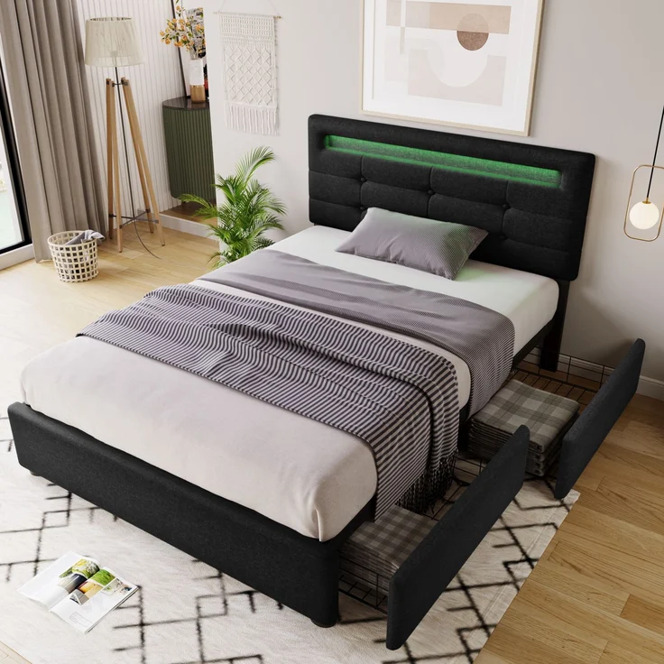 Einzelbett 90 × 200 cm mit LED-Beleuchtung, verstellbarem Kopfteil, 2 Schubladen, Leinenbezug in Schwarz, modernes Design – Bild 4