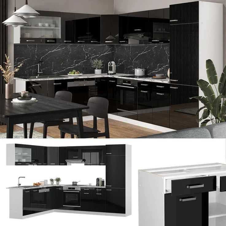 Eckküche R-Line Schwarz Hochglanz/Weiß 287 x 227 cm ohne Arbeitsplatte Vicco – Bild 4