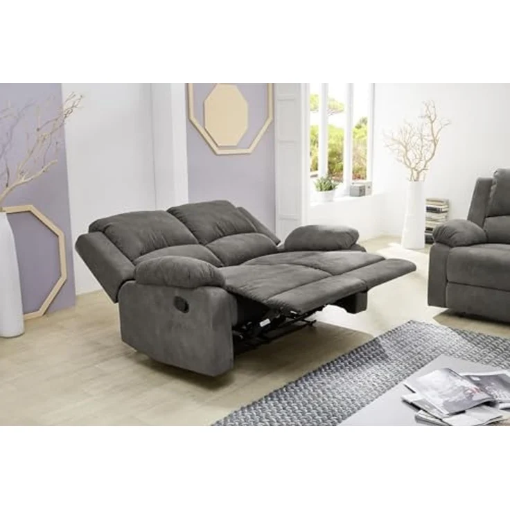 2-Sitzer-Relaxsofa Couch Liegefunktion Federkern Polster Stoff Vintage Anthrazit – Bild 7