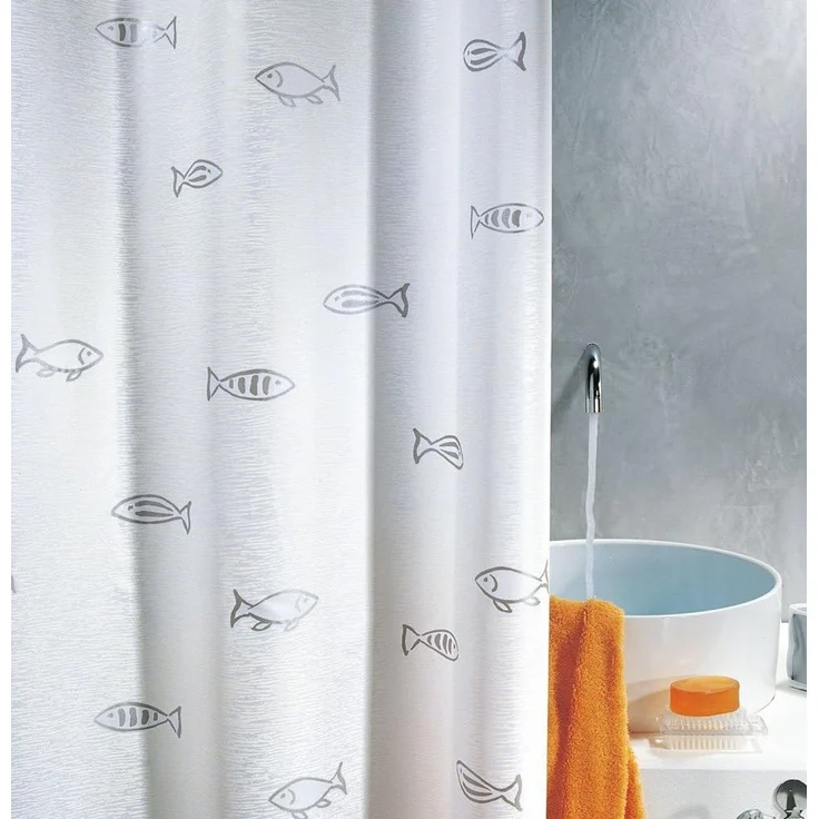 spirella Duschvorhang KOS Breite 240 cm, Premium Textil-Duschvorhang, 100% Polyester, Made in Europe, wasserabweisend, Anti-Schimmel-Effekt, waschbar 30°, Motiv "Fische", Farbe weiß-silber, mit besonderem Metallic-Effekt, Größe 240x180 cm – Bild 1