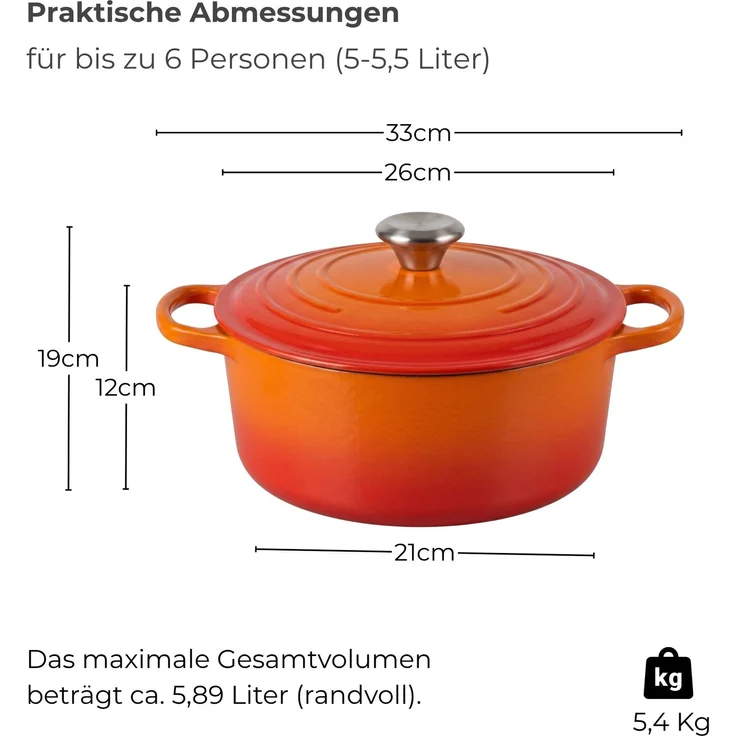 osoltus Bräter Schmortopf Gusseisen Topf 26cm 5,9 Liter Emaille Bräter Orange – Bild 3