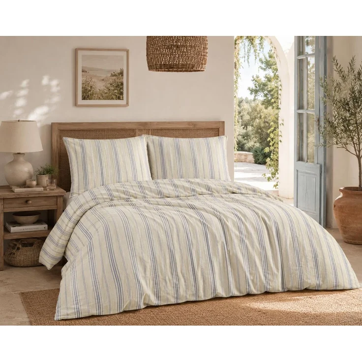 Leinen Bettwäsche Set 135x200 cm 2-teilig gestreift Beige Blau – Bild 1
