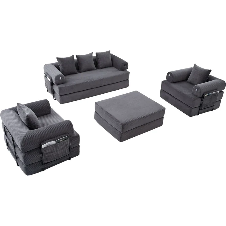 Modulares 4-Sitzer-Sofa 200x190x67 cm mit Sessel und Hocker – Cordbezug, Dunkelgrau – Bild 7