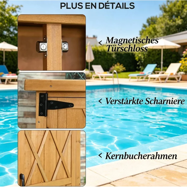 Gartenschrank 75 x 40 x 90 cm aus Tannenholz mit drei Regalböden und verzinktem Blechdach – Bild 7