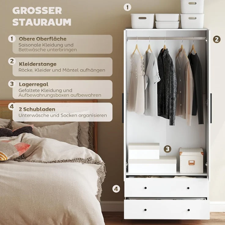 HOMCOM Kleiderschrank 2-türig mit Kleiderstange und 2 Schubladen (Garderobenschrank, 1-St, Mehrzweckschrank) für Schlafzimmer 79 x 43 x 180 cm Weiß – Bild 4
