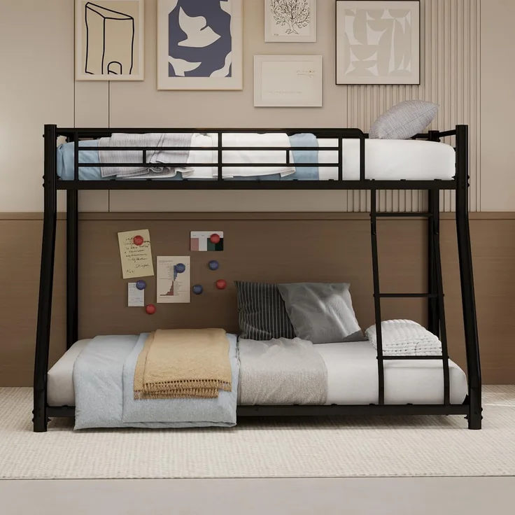 FAVSH Metall-Etagenbett 140x190 cm, L-förmiges Hochbett mit Doppelbett unten, stabiles Bettgestell für Kinder, Jugendliche und Erwachsene, modernes Design mit Sicherheitsgeländer (Schwarz)