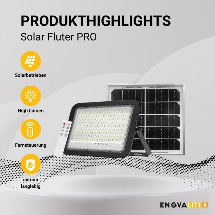 ENOVALITE LED Solarleuchte Solarstrahler PRO, LED-Fluter, 20 W PV, 2600 lm, 6500K, IP65, LED fest integriert, Tageslichtweiß, kaltweiß, steuerbar mit Fernbedienung, Solarfluter mit Akku – Bild 1