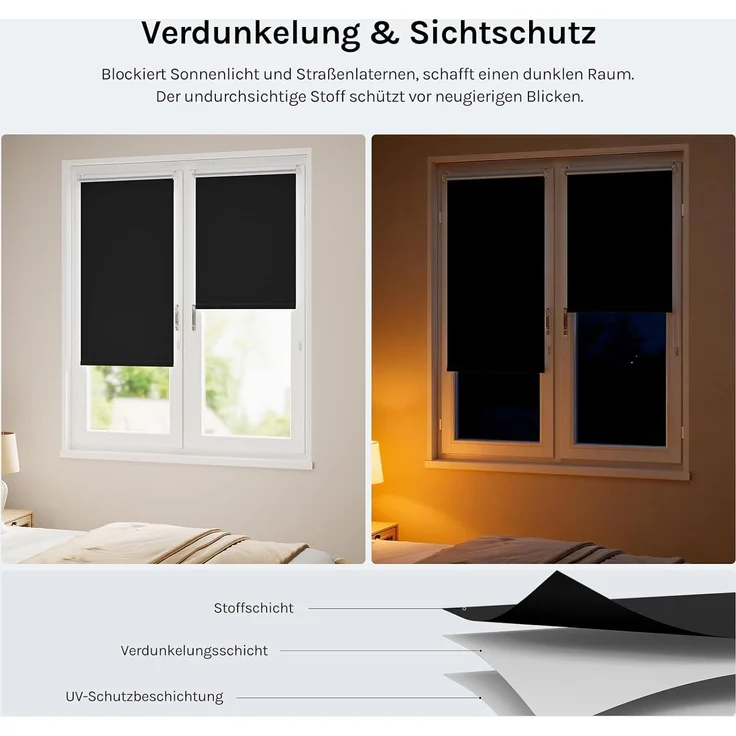 WOLTU Verdunkelungsrollo ohne Bohren, Thermo Verdunkelungsrollo mit Kette, Sichtschutz, für Türen und Fenster, Schwarz，B120 x H130 cm – Bild 2