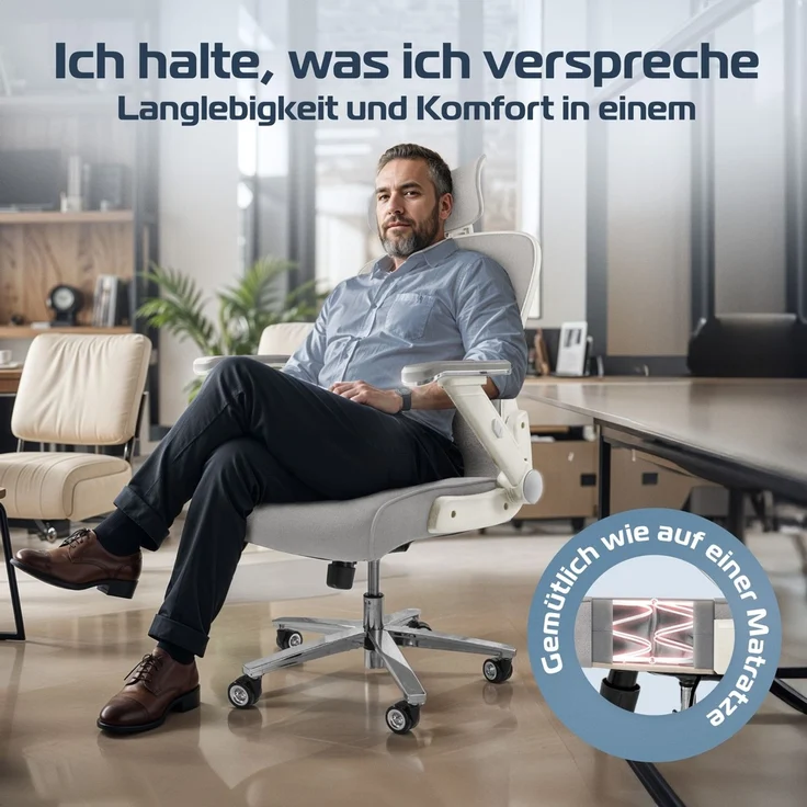 CLOUVOU PowerSeat, ergonomischer Bürostuhl, thermoregulative Materialien, 5D-Armlehnen, 3D-Kopfstütze, PhantomWheels, Creme-weiß – Bild 6