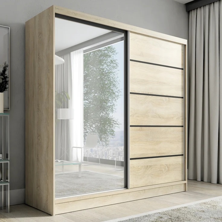 A&J MöbelLand Schwebetürenschrank NERO 2 200 cm mit Spiegel drei Schubladen – Bild 1