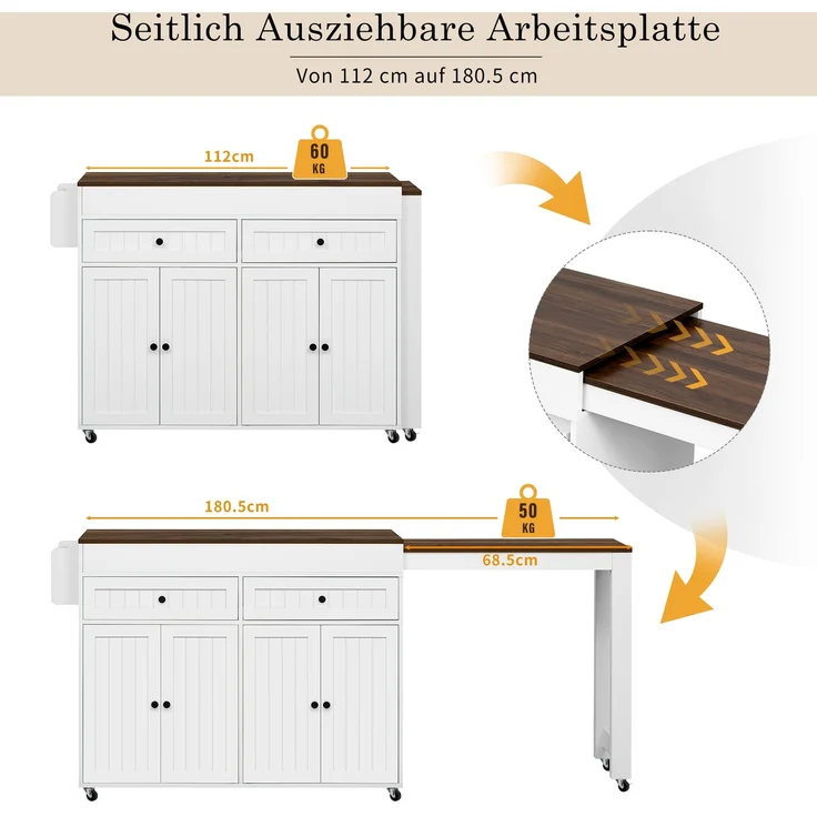 Merax Kücheninsel auf Rollen, Ausziehbarer Essbereich Kücheninsel mit Arbeitsplatte und Schubladen, Mobile Kücheninsel freistehend(Weiß+Nussbaum) – Bild 6