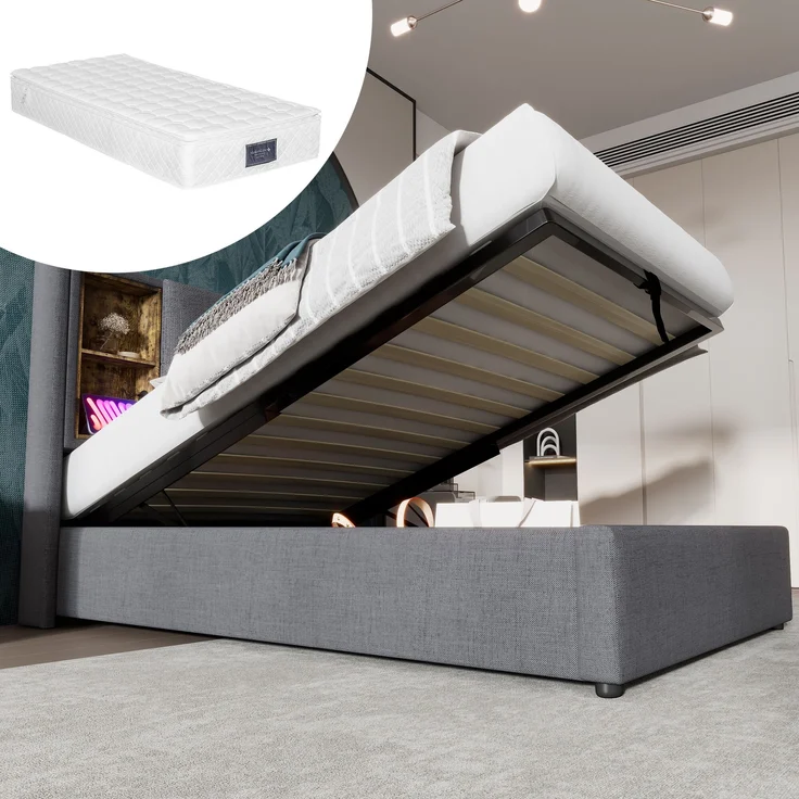 Einzelbett Polsterbett Baumwolle mit Stauraum & USB-Anschluss, 95x206x100,5 cm, Grau, ohne Matratze – Bild 1