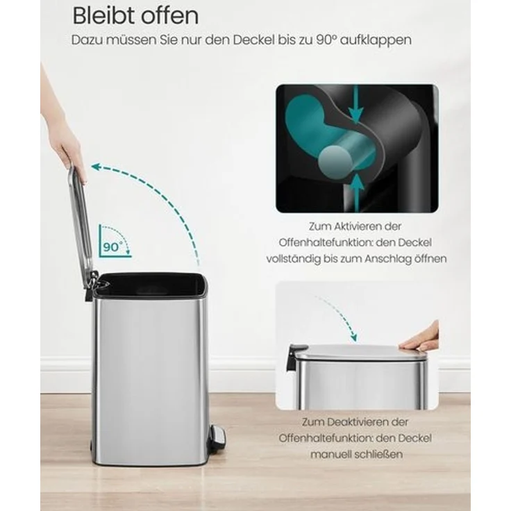 Songmics Mülleimer Küche, 20 Liter Abfalleimer, Tretmülleimer, Stahl, mit Inneneimer, Softclose, Offenhaltefunktion, metallicsilber LTBDE592E01 – Bild 4