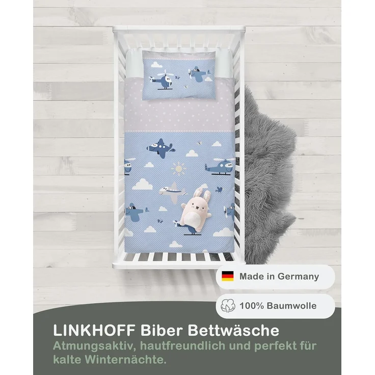 LINKHOFF Babybettwäsche Kleinkinder Bettwäsche 135x100 + Kissen 60x40cm - Flugzeuge Blau, 100% Baumwolle, Flanell Biber Bettwäsche – Bild 5