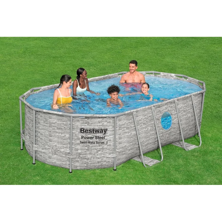 Bestway Power Steel Swim Vista Series Frame Pool Komplett-Set mit Filterpumpe 427 x 250 x 100 cm, Steinwand-Optik (Cremegrau), oval – Bild 10