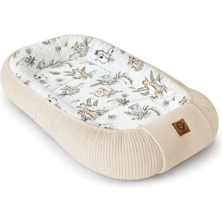 Babynestchen Neugeborene – Nestchen Baby aus Waffel Baumwolle & Baumwollstoff – Babynest für Babybett & Kinderbett – Baby Kokon Tragbar – OEKO-TEX – Zubehör für Babybett - Safari und Hellbeige