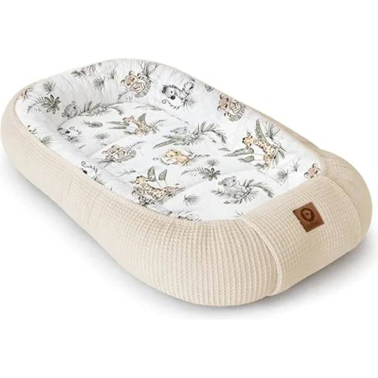 Babynestchen Neugeborene – Nestchen Baby aus Waffel Baumwolle & Baumwollstoff – Babynest für Babybett & Kinderbett – Baby Kokon Tragbar – OEKO-TEX – Zubehör für Babybett - Safari und Hellbeige – Bild 1