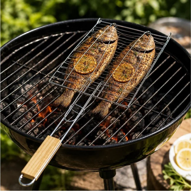 BAYLI Grillspieß Fischbräter mit Holzgriff 23,5 x 23,5 cm – Fischkorb Grillkorb Fischha – Bild 3
