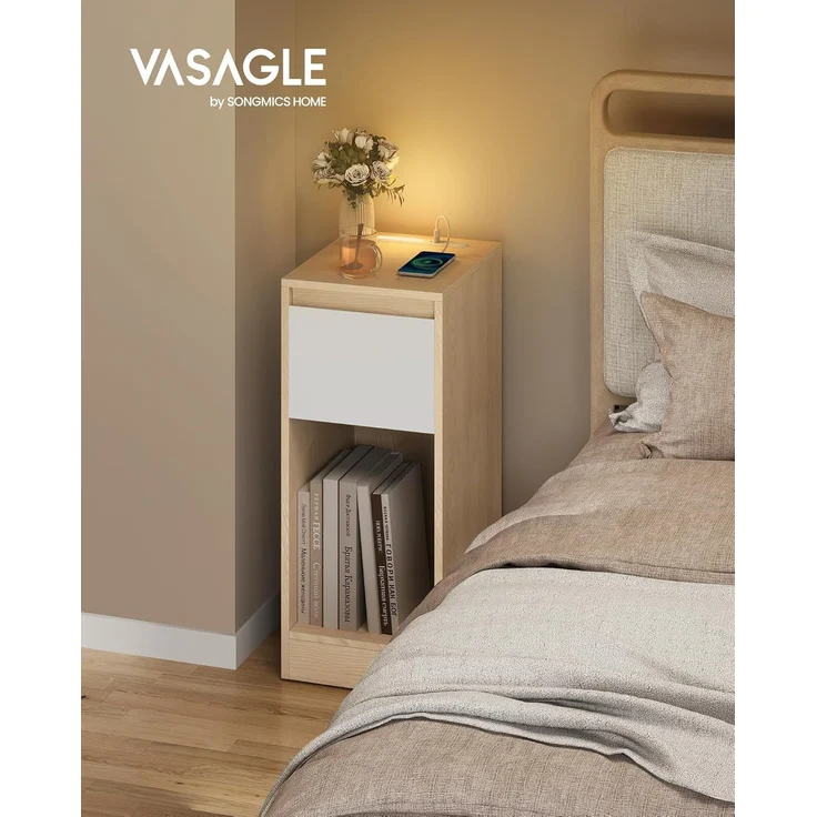 VASAGLE Nachttisch 2er Set, schmal, Beistelltisch, LED-Beleuchtung, 1 USB-A-Anschluss, 1 USB-C-Anschluss, Schublade, offenes Fach, für Schlafzimmer, Wohnzimmer, mandelgelb-wolkenweiß LETDE710Y01 – Bild 4