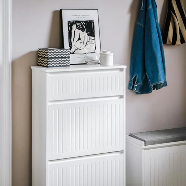 SoBuy Schuhschrank, Weiß, Holzwerkstoff, 2 Klappfächer, Schublade, 61x100x26 cm – Bild 9