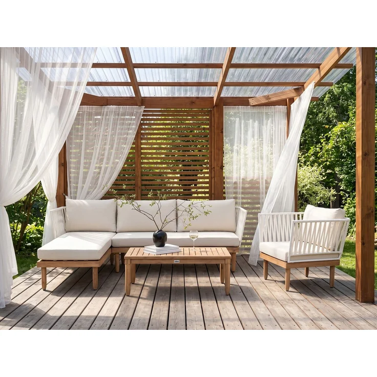 Lounge Set mit Tisch 4-Sitzer CREMONA Akazienholz rechtsseitig Weiß – Bild 3