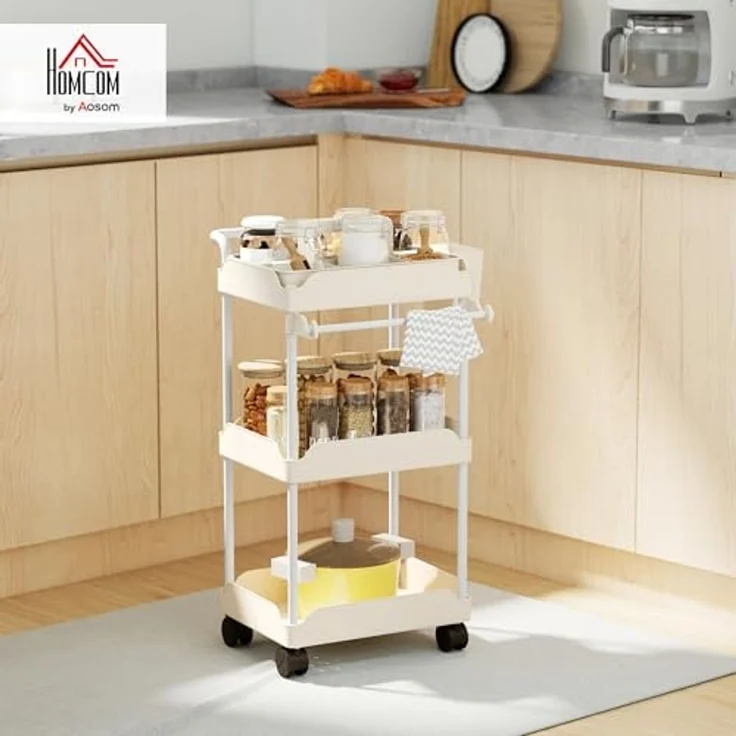 HOMCOM Küchenwagen mit 3 Ebenen, hängenden Körben, Tuchhalter, (Servierwagen, 1 St, Rollwagen), für Wohnzimmer Küche Bad Büro Weiß – Bild 2