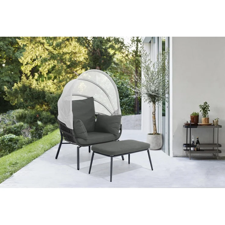 LECO Sessel mit Fußhocker CLARA, Sonnendach, Polsterauflage und Kissen grau, Stahlrohrgestell anthrazit, Sessel 102x93x 52 cm, Hocker 89x48x36 cm – Bild 2